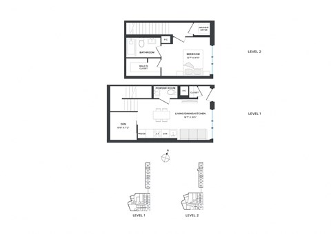 Floor plan for 1 bed, 2 baths, 732 sqft